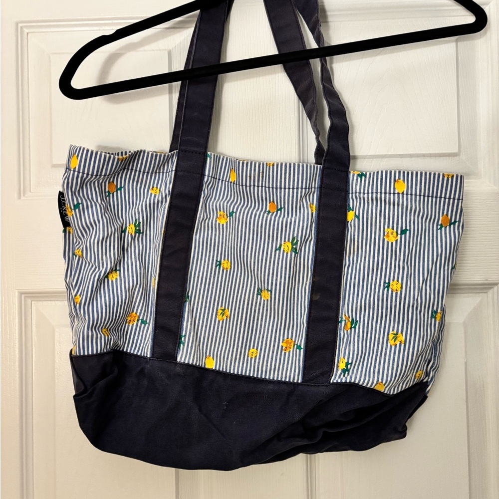 J. Crew Navy and White Striped Tote with Yellow Floral Design
